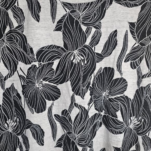 Tahari 100% Linen Floral Blouse-Short Sleeve, Black & White Casual Summer Top, L - Picture 5 of 5